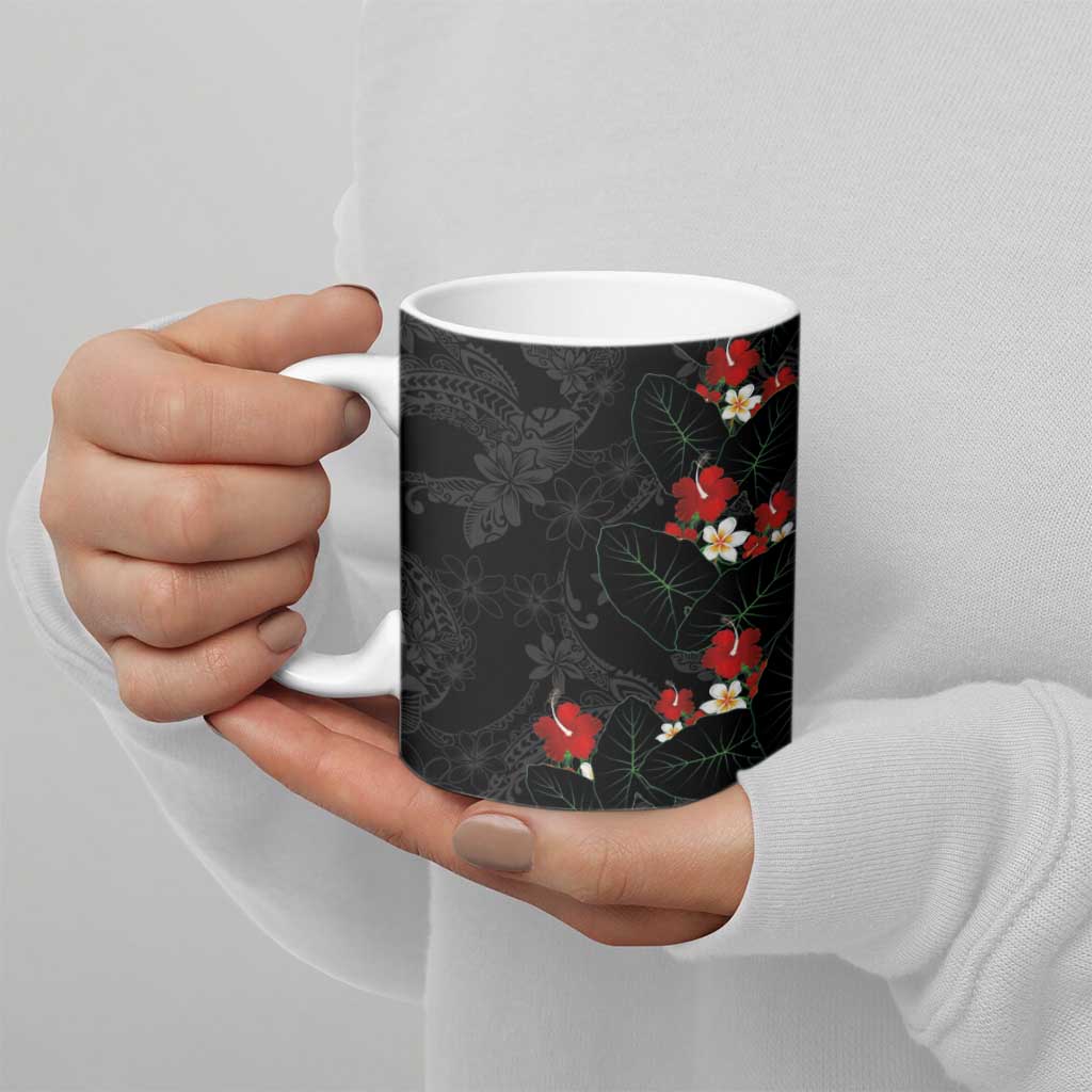 Hawaiian Taro Leaves-Hibiscus and Plumeria Ceramic Mug Floral Tribal Tattoo Motif