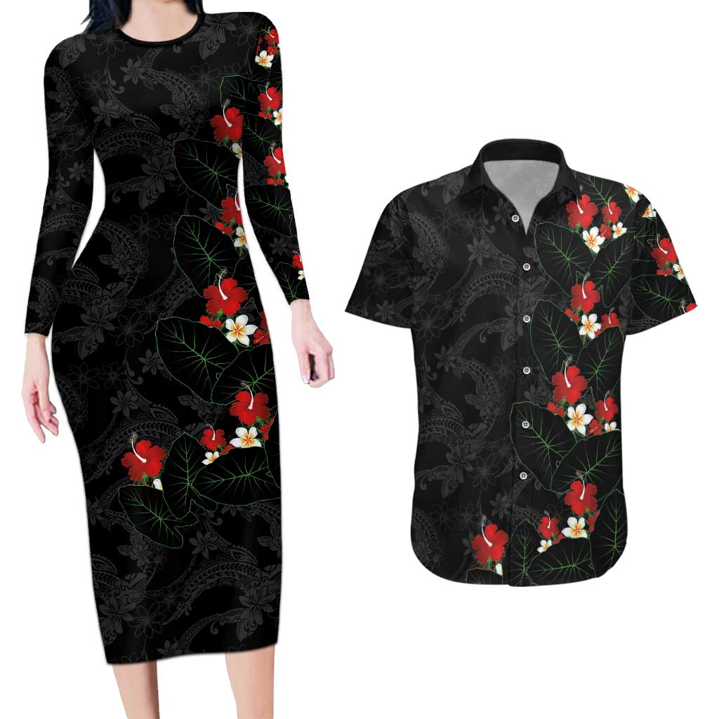 Hawaiian Taro Leaves-Hibiscus and Plumeria Couples Matching Long Sleeve Bodycon Dress and Hawaiian Shirt Floral Tribal Tattoo Motif