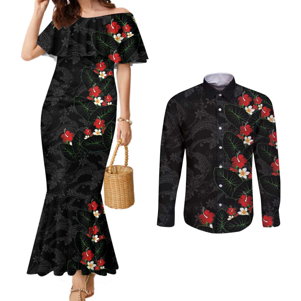 Hawaiian Taro Leaves-Hibiscus and Plumeria Couples Matching Mermaid Dress and Long Sleeve Button Shirt Floral Tribal Tattoo Motif