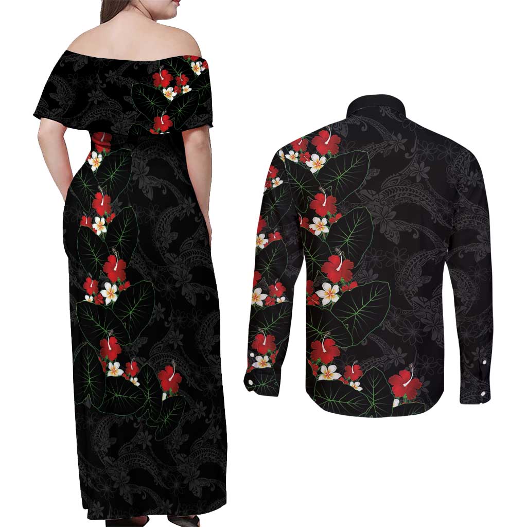 Hawaiian Taro Leaves-Hibiscus and Plumeria Couples Matching Off Shoulder Maxi Dress and Long Sleeve Button Shirt Floral Tribal Tattoo Motif
