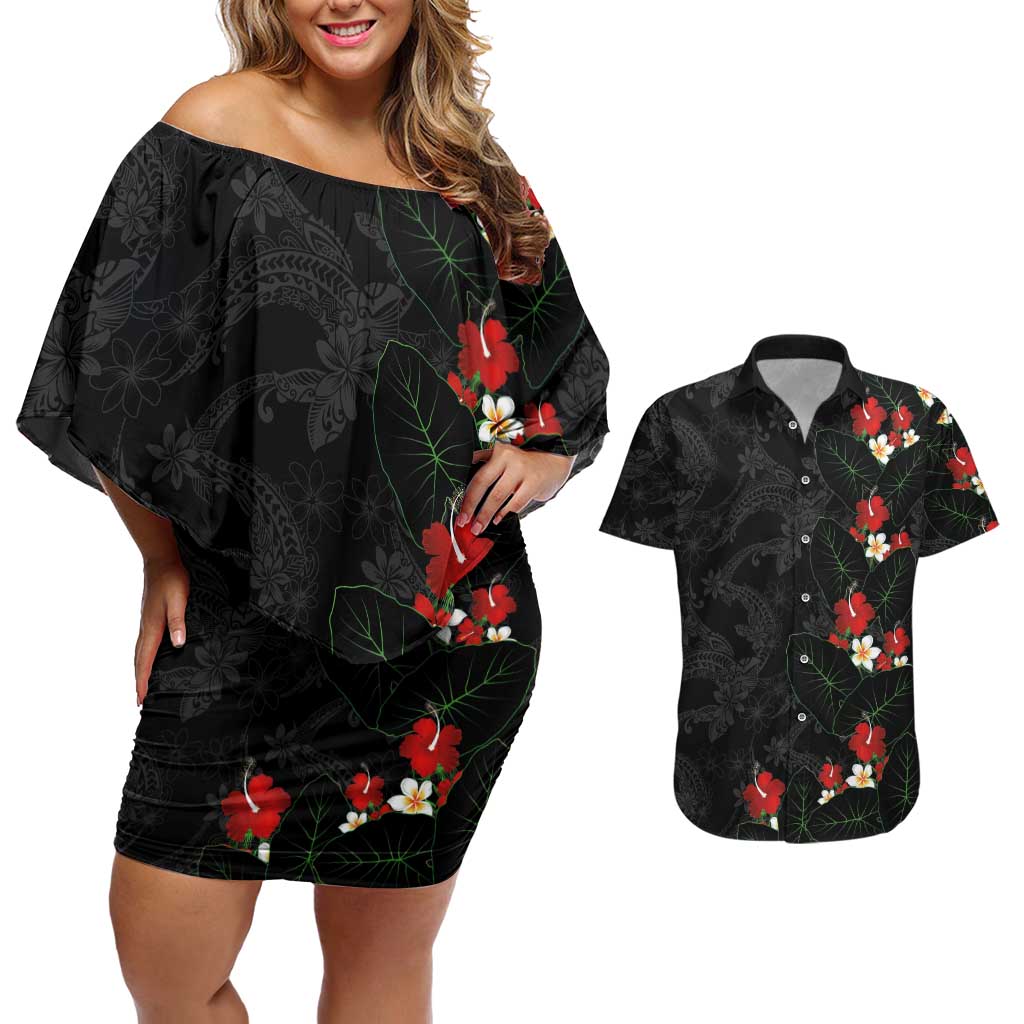 Hawaiian Taro Leaves-Hibiscus and Plumeria Couples Matching Off Shoulder Short Dress and Hawaiian Shirt Floral Tribal Tattoo Motif