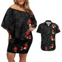 Hawaiian Taro Leaves-Hibiscus and Plumeria Couples Matching Off Shoulder Short Dress and Hawaiian Shirt Floral Tribal Tattoo Motif