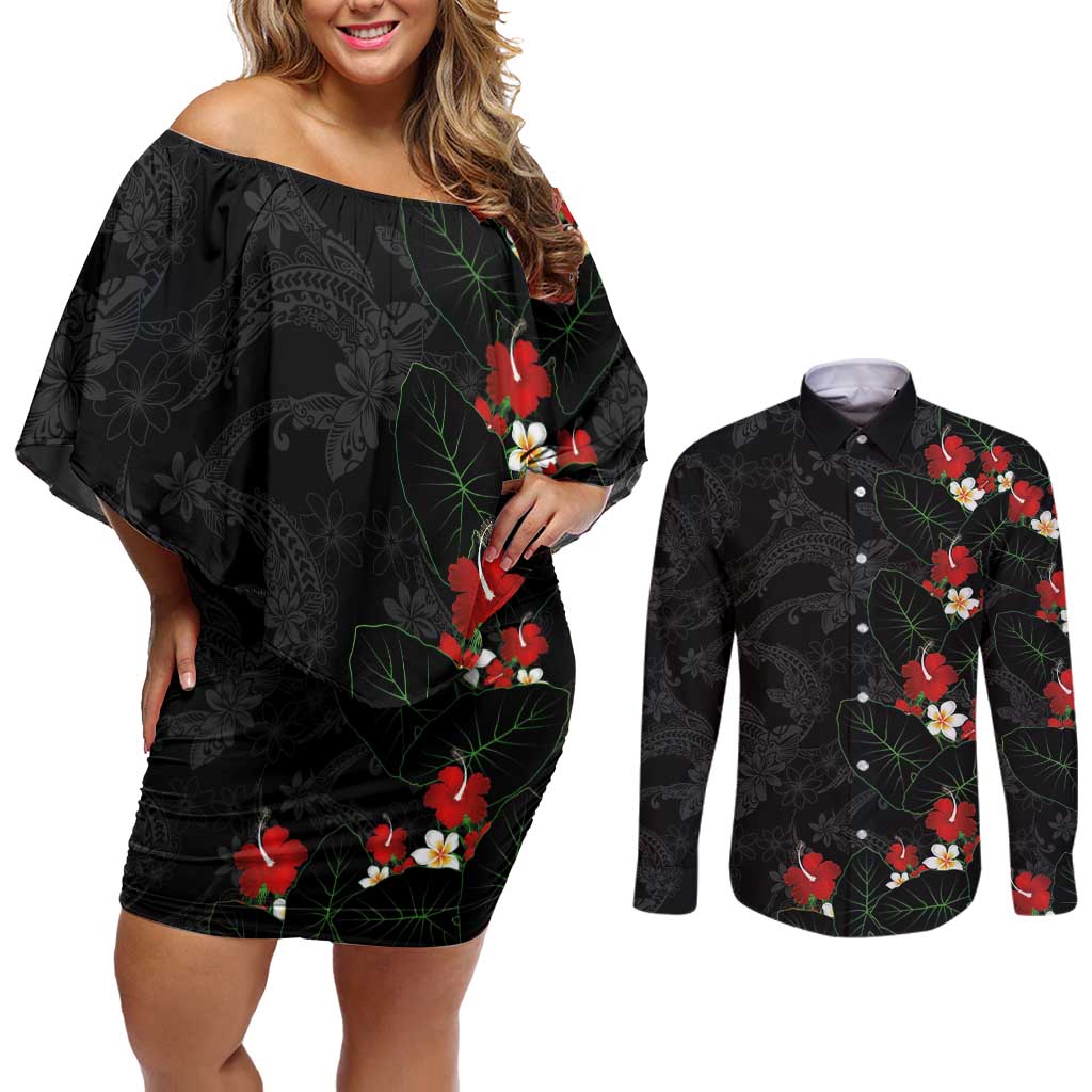 Hawaiian Taro Leaves-Hibiscus and Plumeria Couples Matching Off Shoulder Short Dress and Long Sleeve Button Shirt Floral Tribal Tattoo Motif