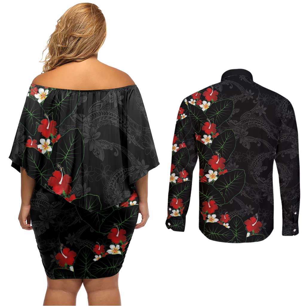 Hawaiian Taro Leaves-Hibiscus and Plumeria Couples Matching Off Shoulder Short Dress and Long Sleeve Button Shirt Floral Tribal Tattoo Motif