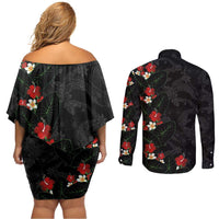 Hawaiian Taro Leaves-Hibiscus and Plumeria Couples Matching Off Shoulder Short Dress and Long Sleeve Button Shirt Floral Tribal Tattoo Motif