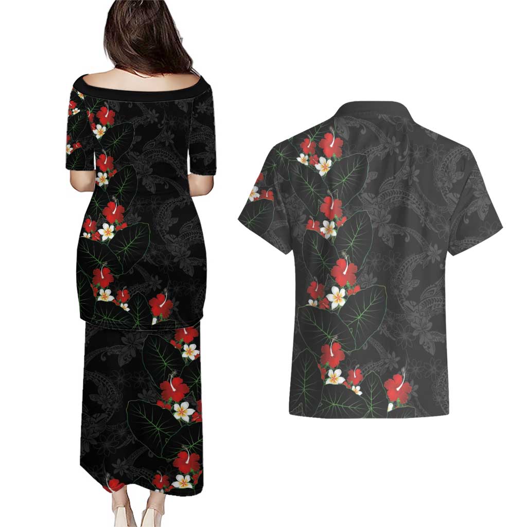 Hawaiian Taro Leaves-Hibiscus and Plumeria Couples Matching Puletasi and Hawaiian Shirt Floral Tribal Tattoo Motif