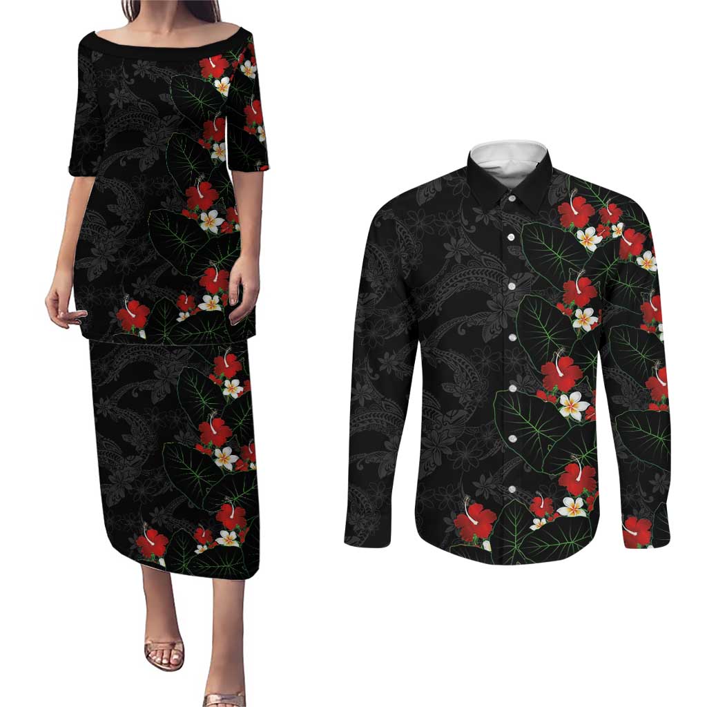 Hawaiian Taro Leaves-Hibiscus and Plumeria Couples Matching Puletasi and Long Sleeve Button Shirt Floral Tribal Tattoo Motif
