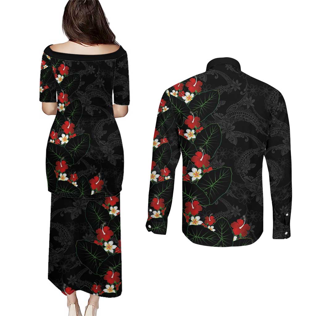 Hawaiian Taro Leaves-Hibiscus and Plumeria Couples Matching Puletasi and Long Sleeve Button Shirt Floral Tribal Tattoo Motif