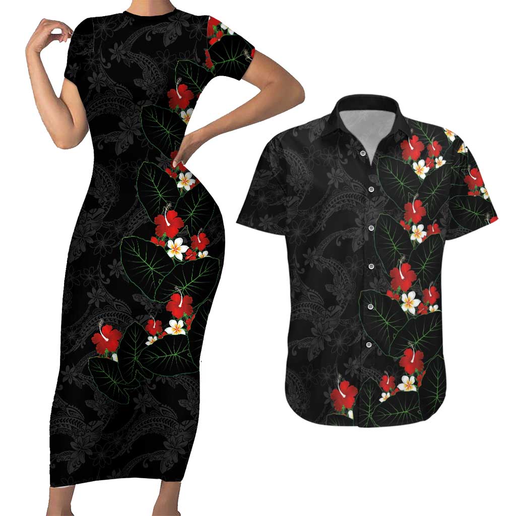 Hawaiian Taro Leaves-Hibiscus and Plumeria Couples Matching Short Sleeve Bodycon Dress and Hawaiian Shirt Floral Tribal Tattoo Motif