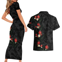 Hawaiian Taro Leaves-Hibiscus and Plumeria Couples Matching Short Sleeve Bodycon Dress and Hawaiian Shirt Floral Tribal Tattoo Motif