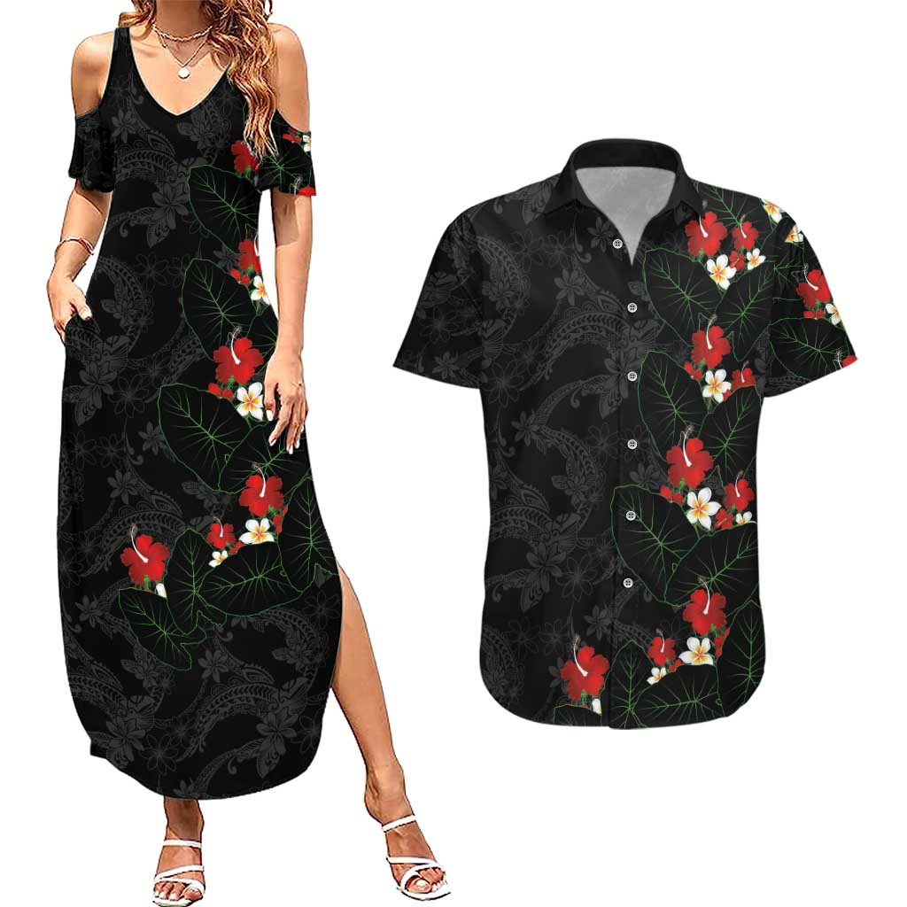 Hawaiian Taro Leaves-Hibiscus and Plumeria Couples Matching Summer Maxi Dress and Hawaiian Shirt Floral Tribal Tattoo Motif