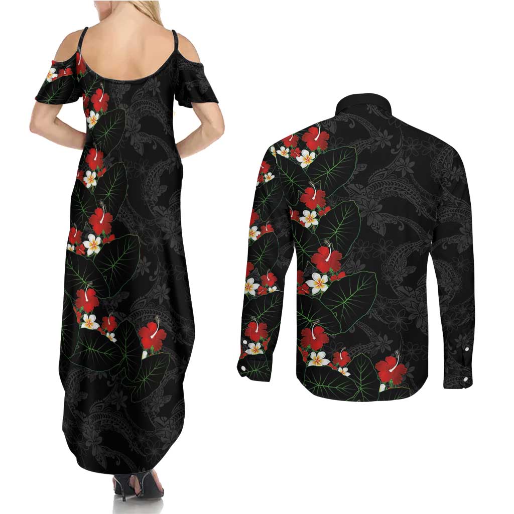 Hawaiian Taro Leaves-Hibiscus and Plumeria Couples Matching Summer Maxi Dress and Long Sleeve Button Shirt Floral Tribal Tattoo Motif