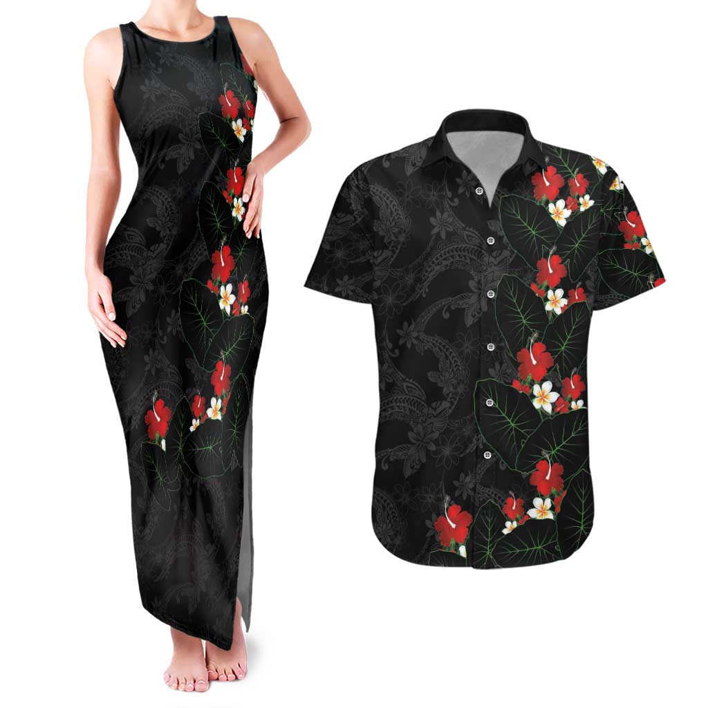 Hawaiian Taro Leaves-Hibiscus and Plumeria Couples Matching Tank Maxi Dress and Hawaiian Shirt Floral Tribal Tattoo Motif