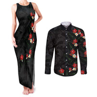 Hawaiian Taro Leaves-Hibiscus and Plumeria Couples Matching Tank Maxi Dress and Long Sleeve Button Shirt Floral Tribal Tattoo Motif