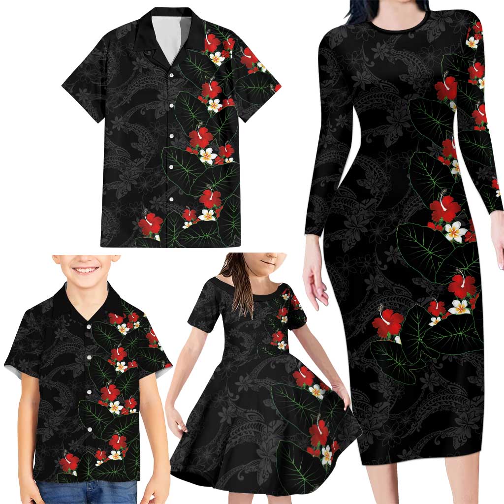 Hawaiian Taro Leaves-Hibiscus and Plumeria Family Matching Long Sleeve Bodycon Dress and Hawaiian Shirt Floral Tribal Tattoo Motif