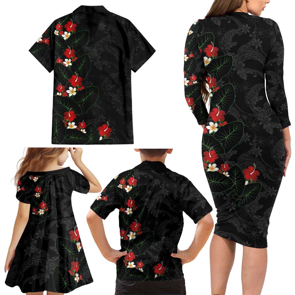 Hawaiian Taro Leaves-Hibiscus and Plumeria Family Matching Long Sleeve Bodycon Dress and Hawaiian Shirt Floral Tribal Tattoo Motif