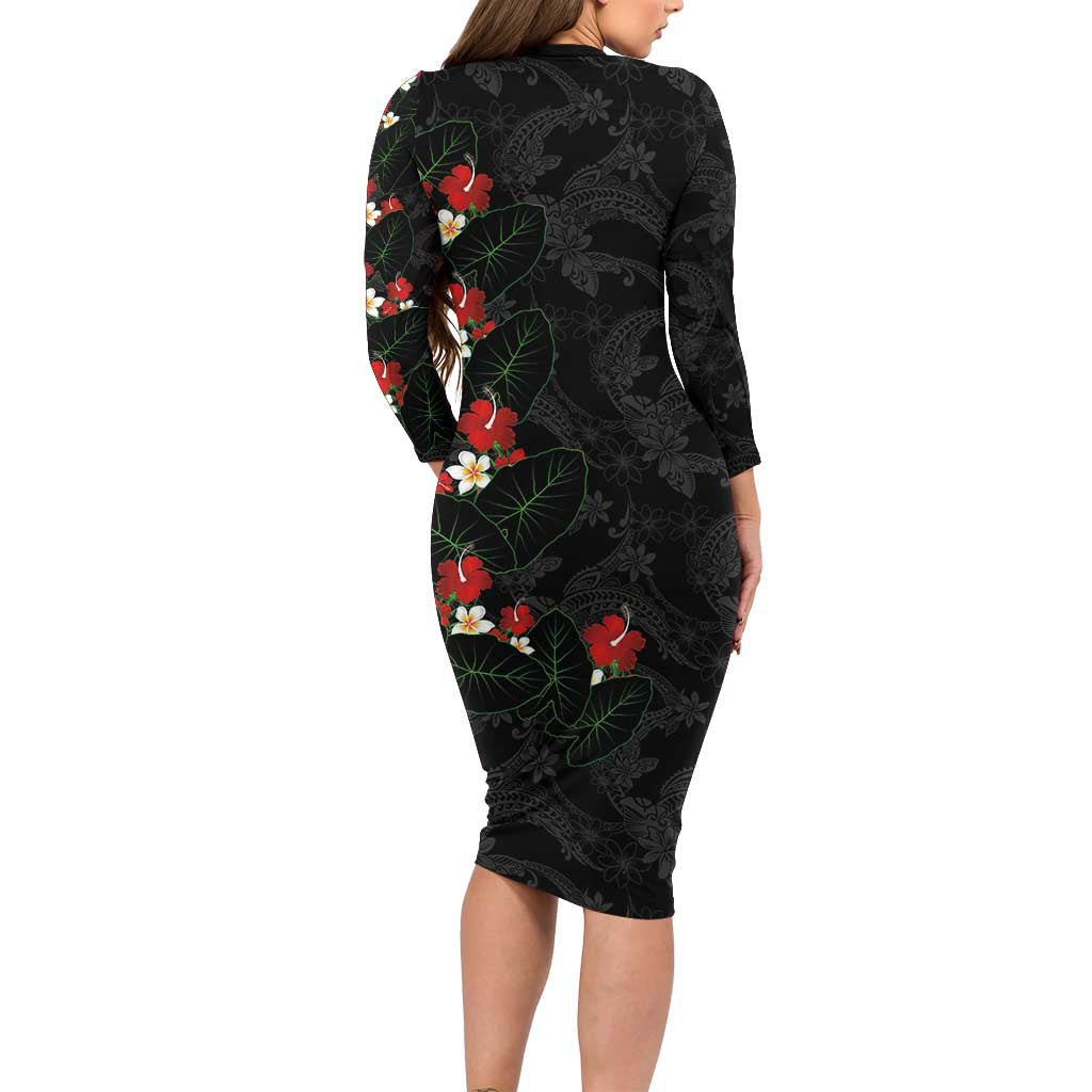 Hawaiian Taro Leaves-Hibiscus and Plumeria Family Matching Long Sleeve Bodycon Dress and Hawaiian Shirt Floral Tribal Tattoo Motif