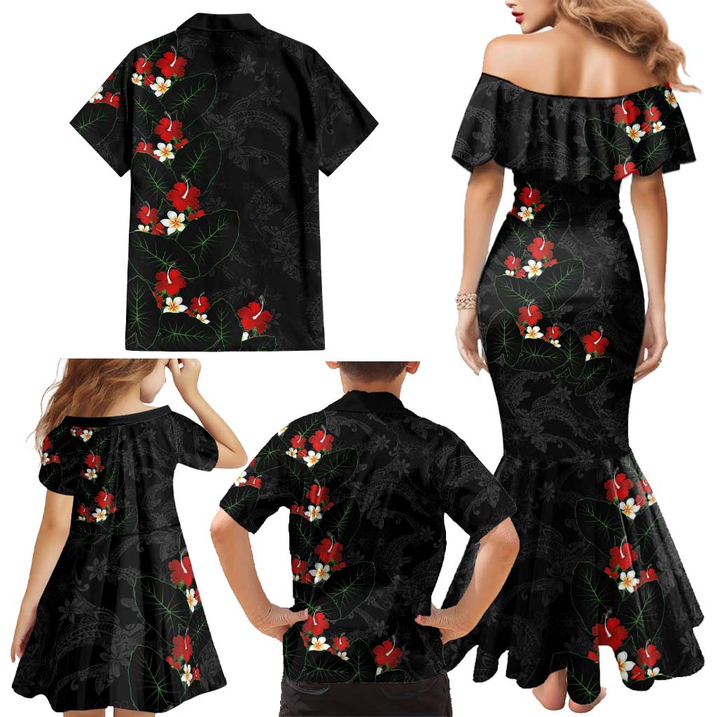 Hawaiian Taro Leaves-Hibiscus and Plumeria Family Matching Mermaid Dress and Hawaiian Shirt Floral Tribal Tattoo Motif