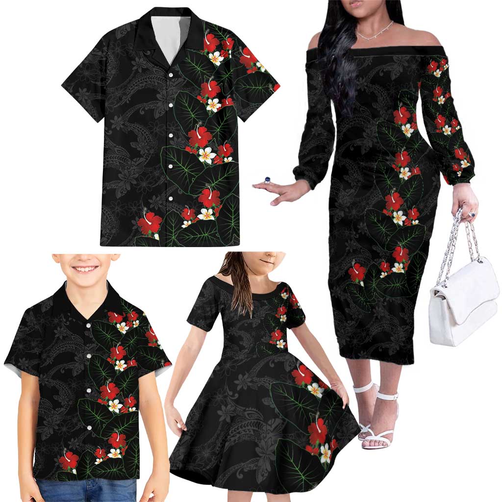Hawaiian Taro Leaves-Hibiscus and Plumeria Family Matching Off The Shoulder Long Sleeve Dress and Hawaiian Shirt Floral Tribal Tattoo Motif