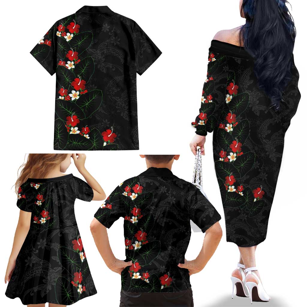 Hawaiian Taro Leaves-Hibiscus and Plumeria Family Matching Off The Shoulder Long Sleeve Dress and Hawaiian Shirt Floral Tribal Tattoo Motif