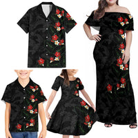 Hawaiian Taro Leaves-Hibiscus and Plumeria Family Matching Off Shoulder Maxi Dress and Hawaiian Shirt Floral Tribal Tattoo Motif