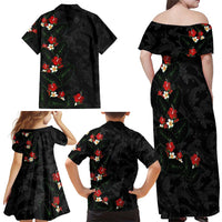 Hawaiian Taro Leaves-Hibiscus and Plumeria Family Matching Off Shoulder Maxi Dress and Hawaiian Shirt Floral Tribal Tattoo Motif