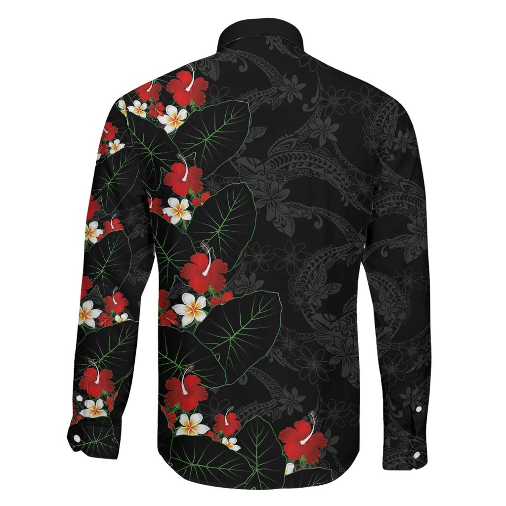 Hawaiian Taro Leaves-Hibiscus and Plumeria Family Matching Off Shoulder Maxi Dress and Hawaiian Shirt Floral Tribal Tattoo Motif