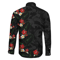 Hawaiian Taro Leaves-Hibiscus and Plumeria Family Matching Off Shoulder Maxi Dress and Hawaiian Shirt Floral Tribal Tattoo Motif