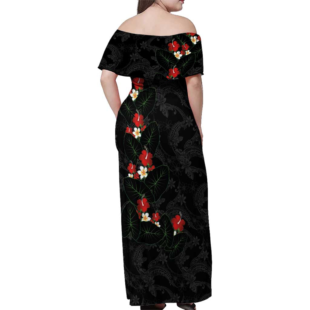 Hawaiian Taro Leaves-Hibiscus and Plumeria Family Matching Off Shoulder Maxi Dress and Hawaiian Shirt Floral Tribal Tattoo Motif