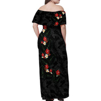 Hawaiian Taro Leaves-Hibiscus and Plumeria Family Matching Off Shoulder Maxi Dress and Hawaiian Shirt Floral Tribal Tattoo Motif