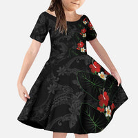 Hawaiian Taro Leaves-Hibiscus and Plumeria Family Matching Off Shoulder Short Dress and Hawaiian Shirt Floral Tribal Tattoo Motif