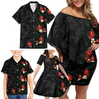 Hawaiian Taro Leaves-Hibiscus and Plumeria Family Matching Off Shoulder Short Dress and Hawaiian Shirt Floral Tribal Tattoo Motif