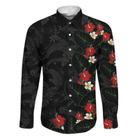 Hawaiian Taro Leaves-Hibiscus and Plumeria Family Matching Off Shoulder Short Dress and Hawaiian Shirt Floral Tribal Tattoo Motif