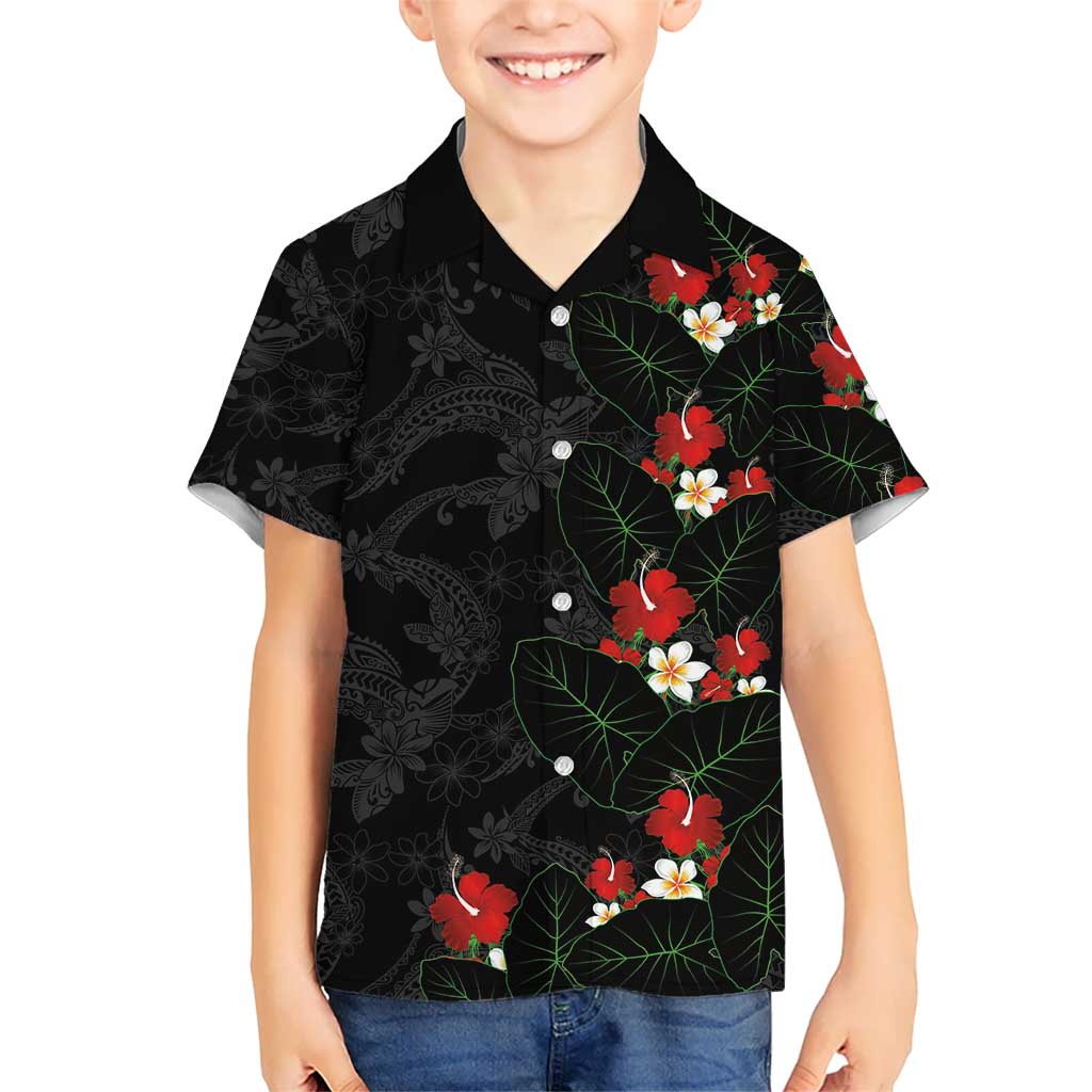 Hawaiian Taro Leaves-Hibiscus and Plumeria Family Matching Off Shoulder Short Dress and Hawaiian Shirt Floral Tribal Tattoo Motif