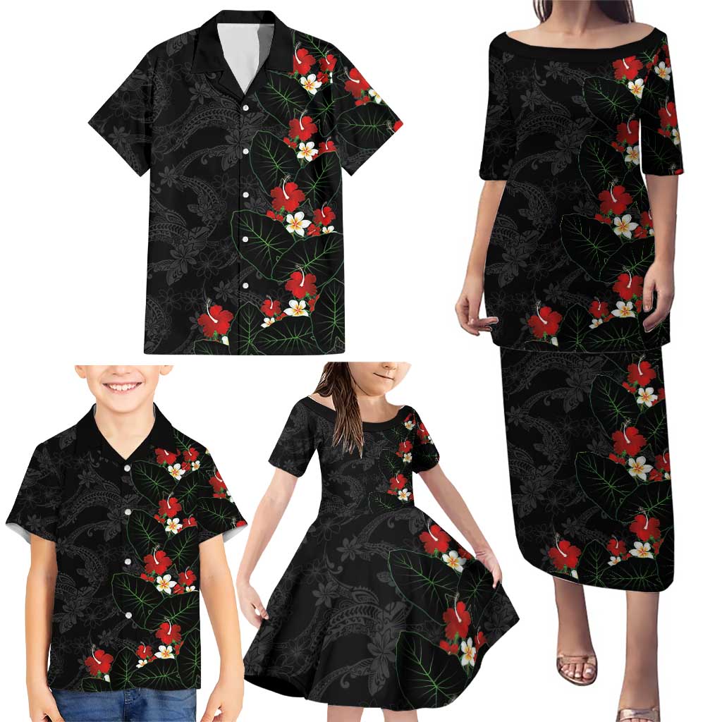 Hawaiian Taro Leaves-Hibiscus and Plumeria Family Matching Puletasi and Hawaiian Shirt Floral Tribal Tattoo Motif