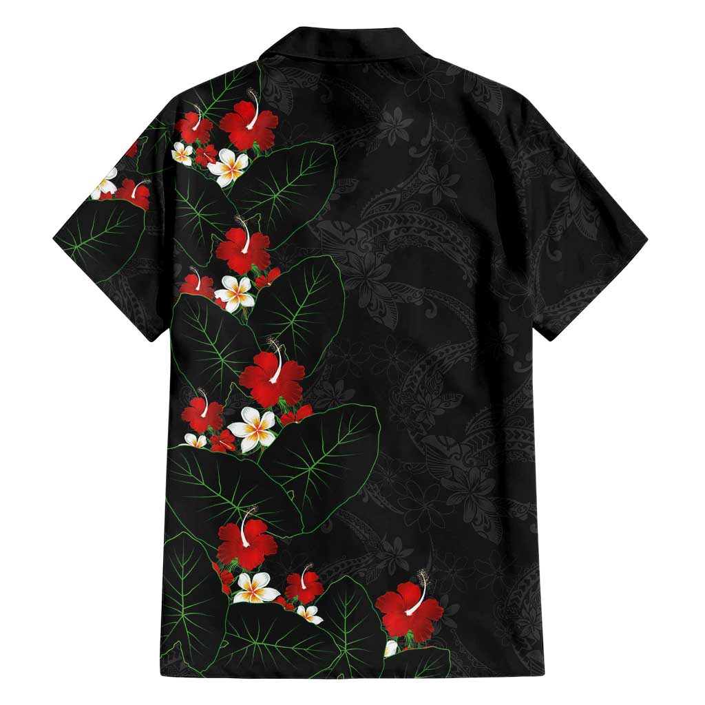 Hawaiian Taro Leaves-Hibiscus and Plumeria Family Matching Short Sleeve Bodycon Dress and Hawaiian Shirt Floral Tribal Tattoo Motif