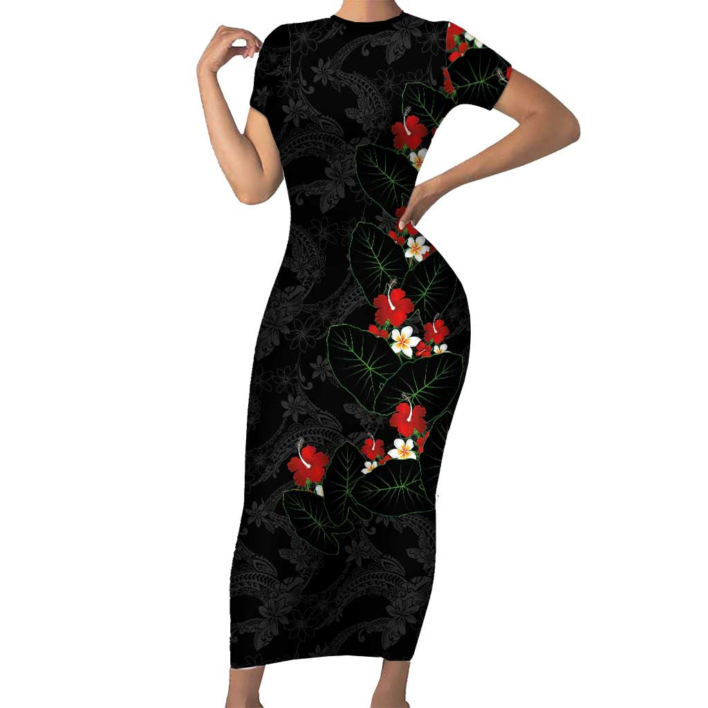 Hawaiian Taro Leaves-Hibiscus and Plumeria Family Matching Short Sleeve Bodycon Dress and Hawaiian Shirt Floral Tribal Tattoo Motif