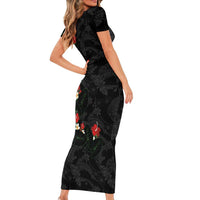 Hawaiian Taro Leaves-Hibiscus and Plumeria Family Matching Short Sleeve Bodycon Dress and Hawaiian Shirt Floral Tribal Tattoo Motif