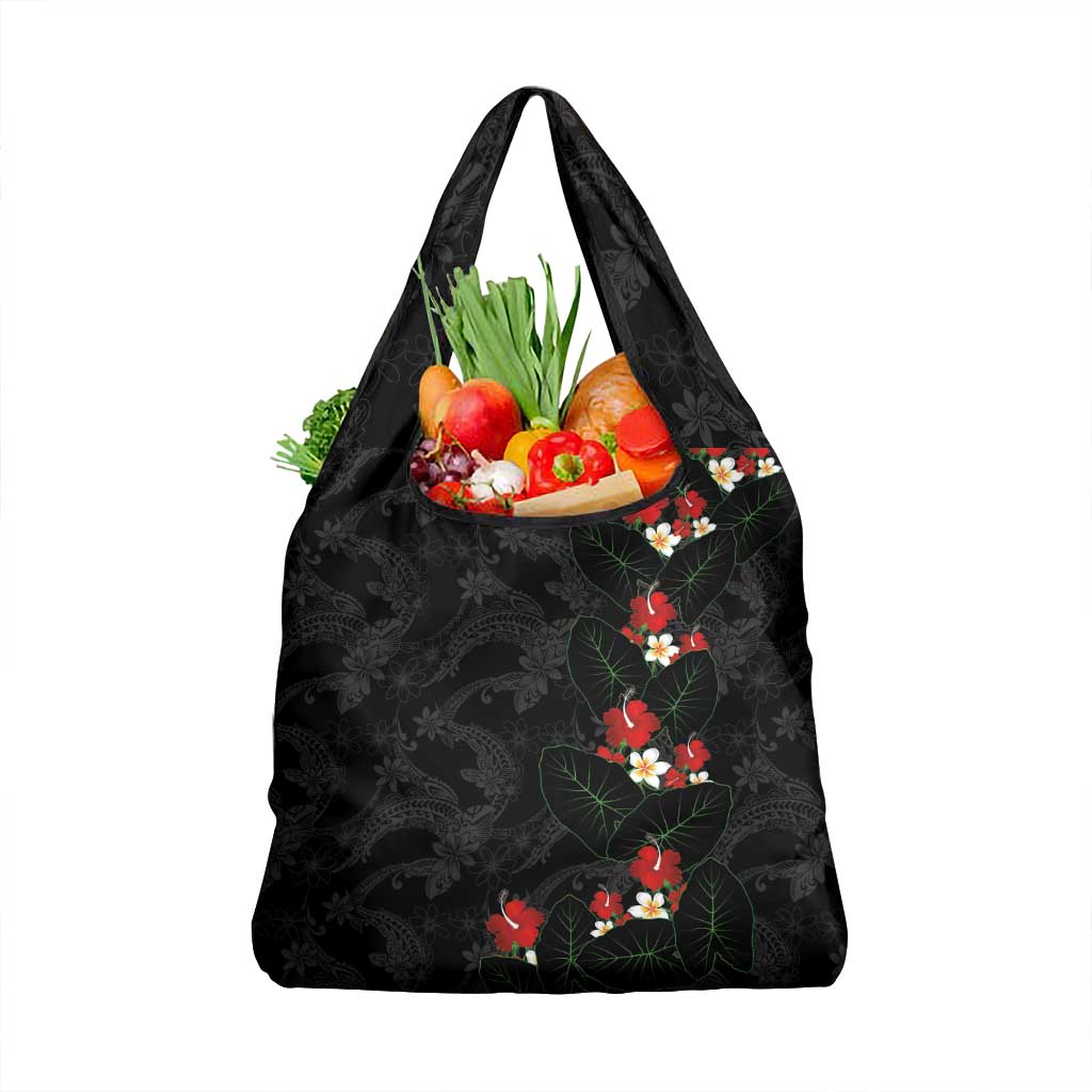 Hawaiian Taro Leaves-Hibiscus and Plumeria Grocery Bag Floral Tribal Tattoo Motif