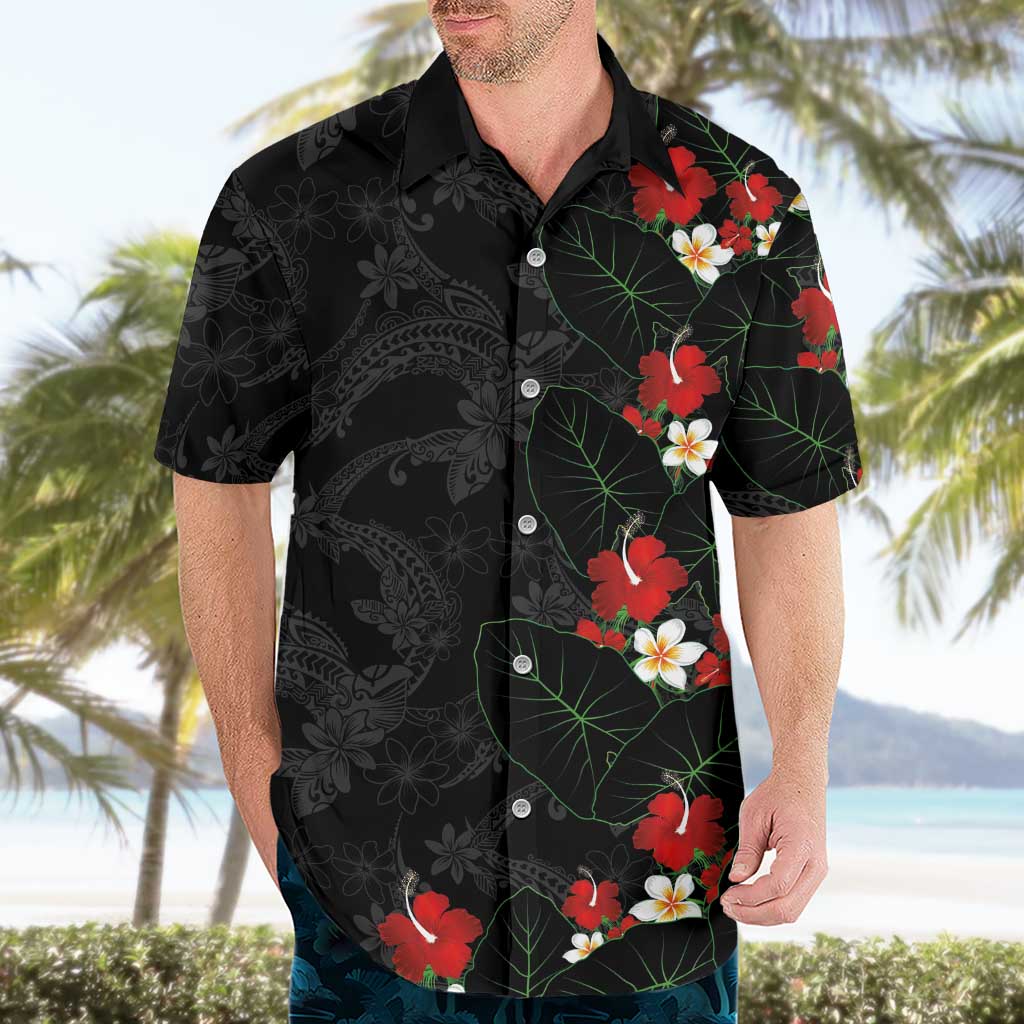 Hawaiian Taro Leaves-Hibiscus and Plumeria Hawaiian Shirt Floral Tribal Tattoo Motif