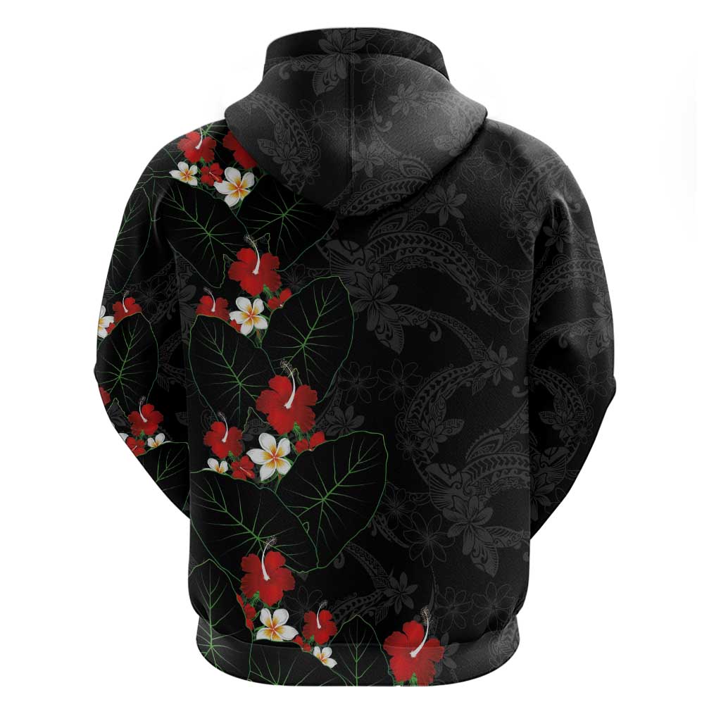 Hawaiian Taro Leaves-Hibiscus and Plumeria Hoodie Floral Tribal Tattoo Motif