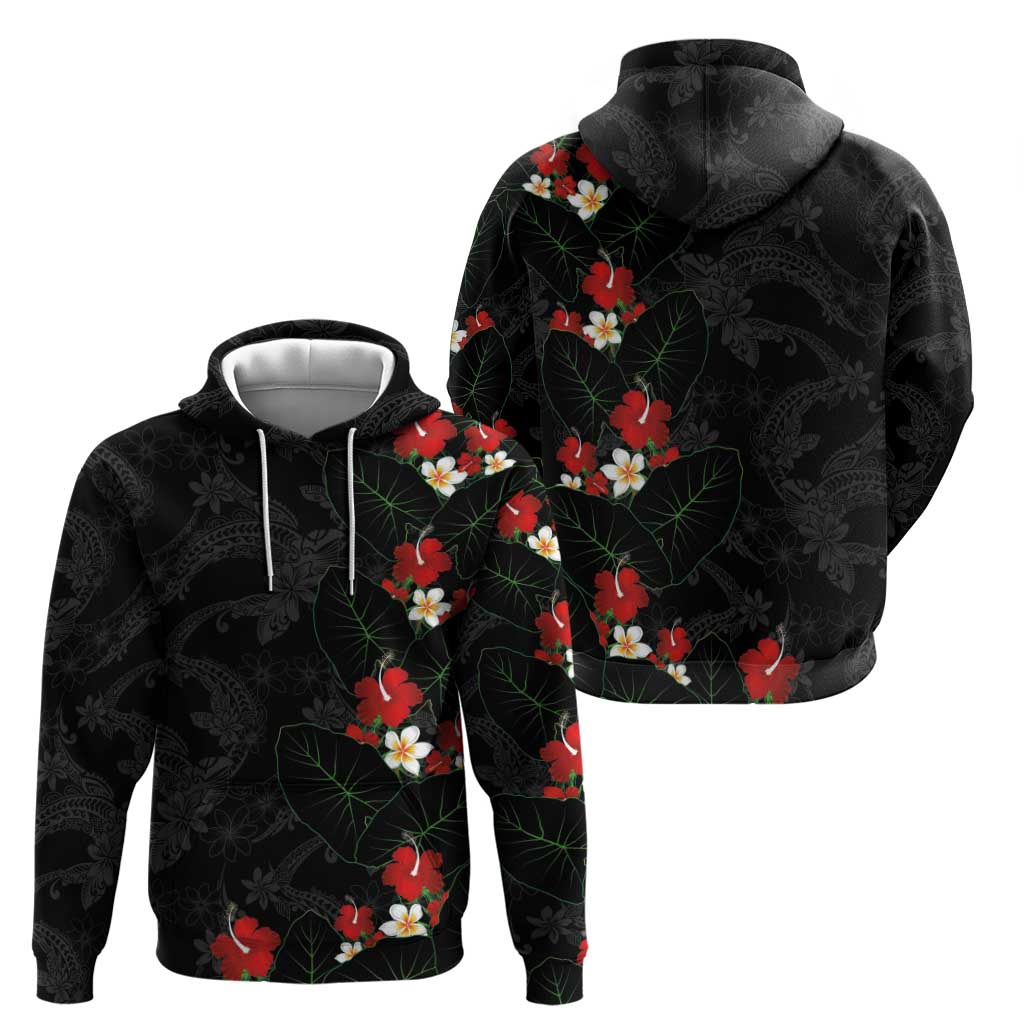 Hawaiian Taro Leaves-Hibiscus and Plumeria Hoodie Floral Tribal Tattoo Motif