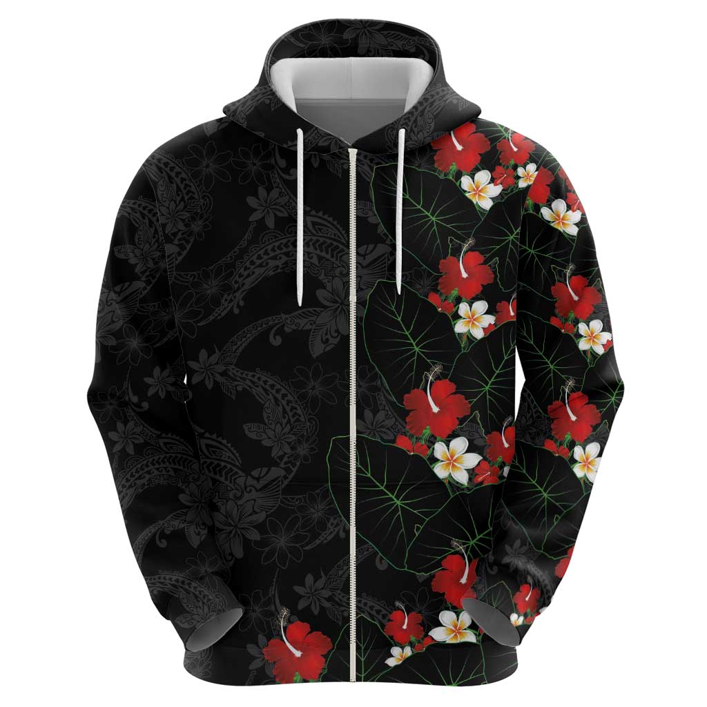 Hawaiian Taro Leaves-Hibiscus and Plumeria Hoodie Floral Tribal Tattoo Motif