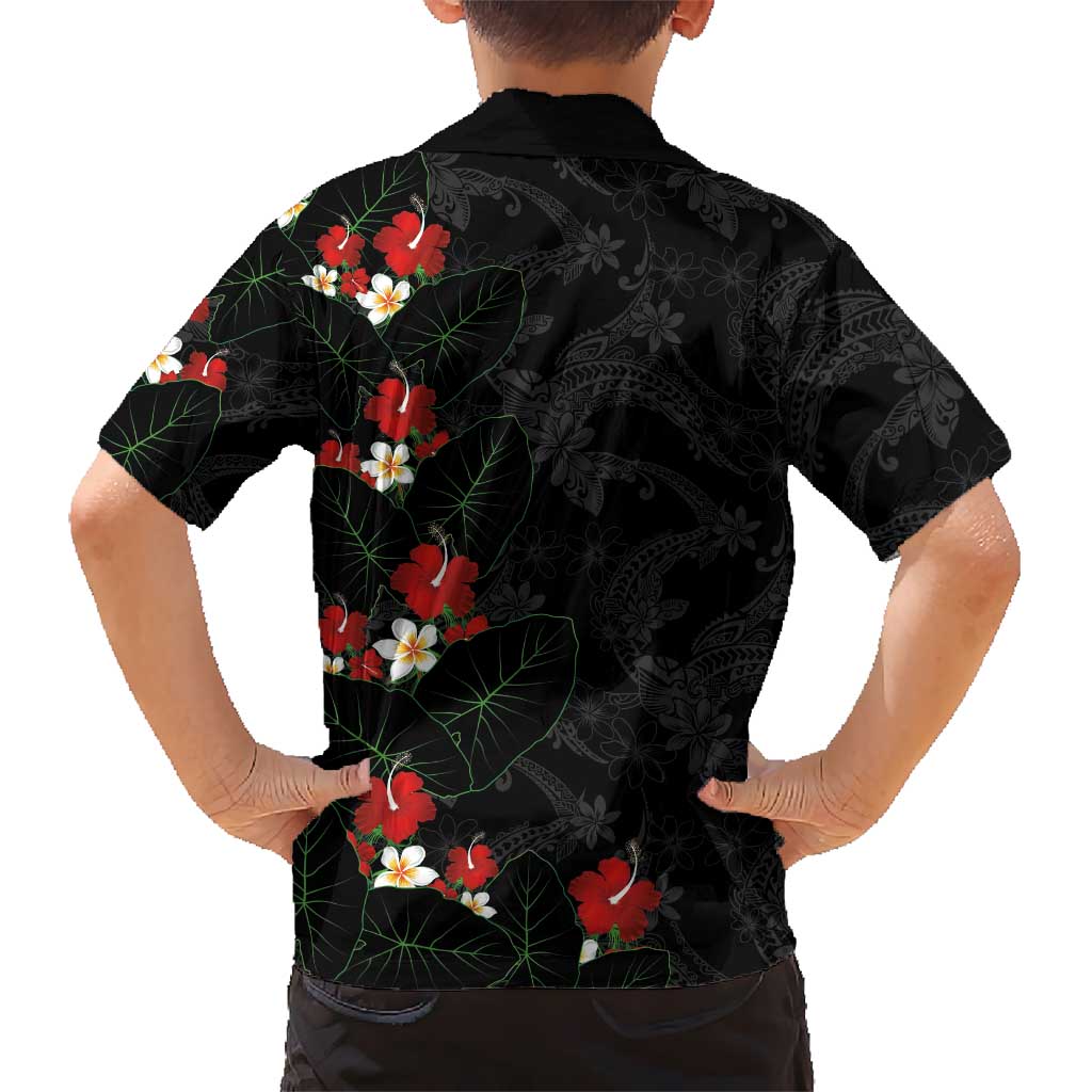 Hawaiian Taro Leaves-Hibiscus and Plumeria Kid Hawaiian Shirt Floral Tribal Tattoo Motif