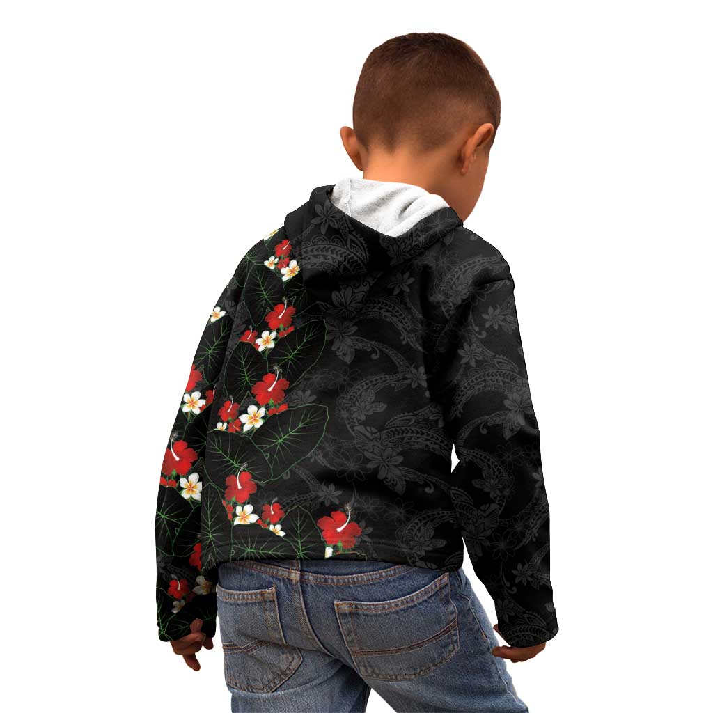 Hawaiian Taro Leaves-Hibiscus and Plumeria Kid Hoodie Floral Tribal Tattoo Motif