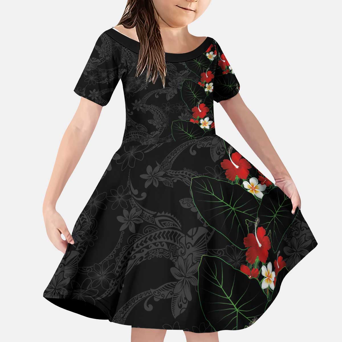 Hawaiian Taro Leaves-Hibiscus and Plumeria Kid Short Sleeve Dress Floral Tribal Tattoo Motif