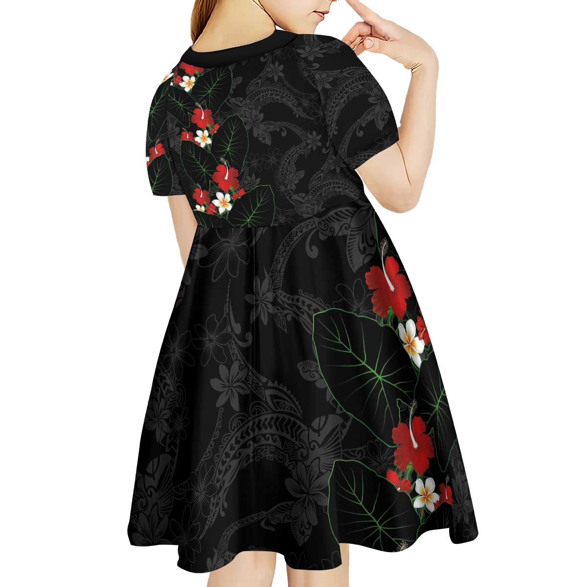 Hawaiian Taro Leaves-Hibiscus and Plumeria Kid Short Sleeve Dress Floral Tribal Tattoo Motif
