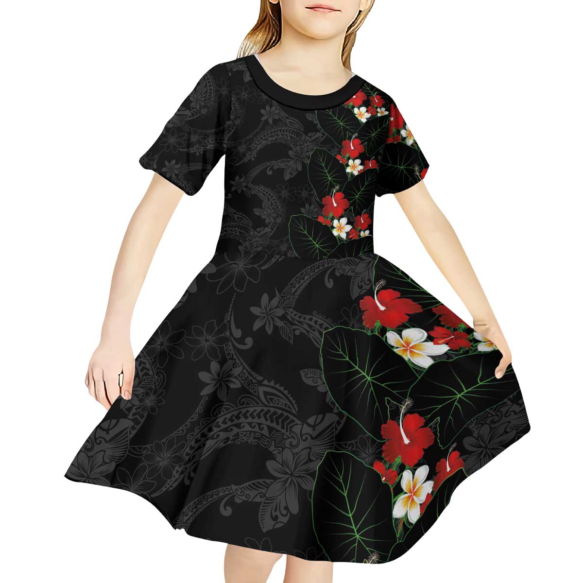 Hawaiian Taro Leaves-Hibiscus and Plumeria Kid Short Sleeve Dress Floral Tribal Tattoo Motif