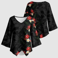 Hawaiian Taro Leaves-Hibiscus and Plumeria Kimono Sleeve Blouse Floral Tribal Tattoo Motif