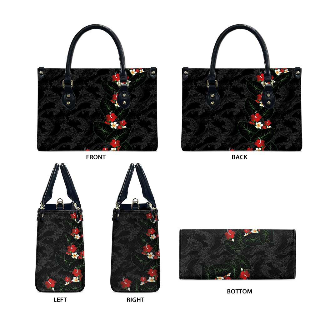 Hawaiian Taro Leaves-Hibiscus and Plumeria Leather Bag Floral Tribal Tattoo Motif